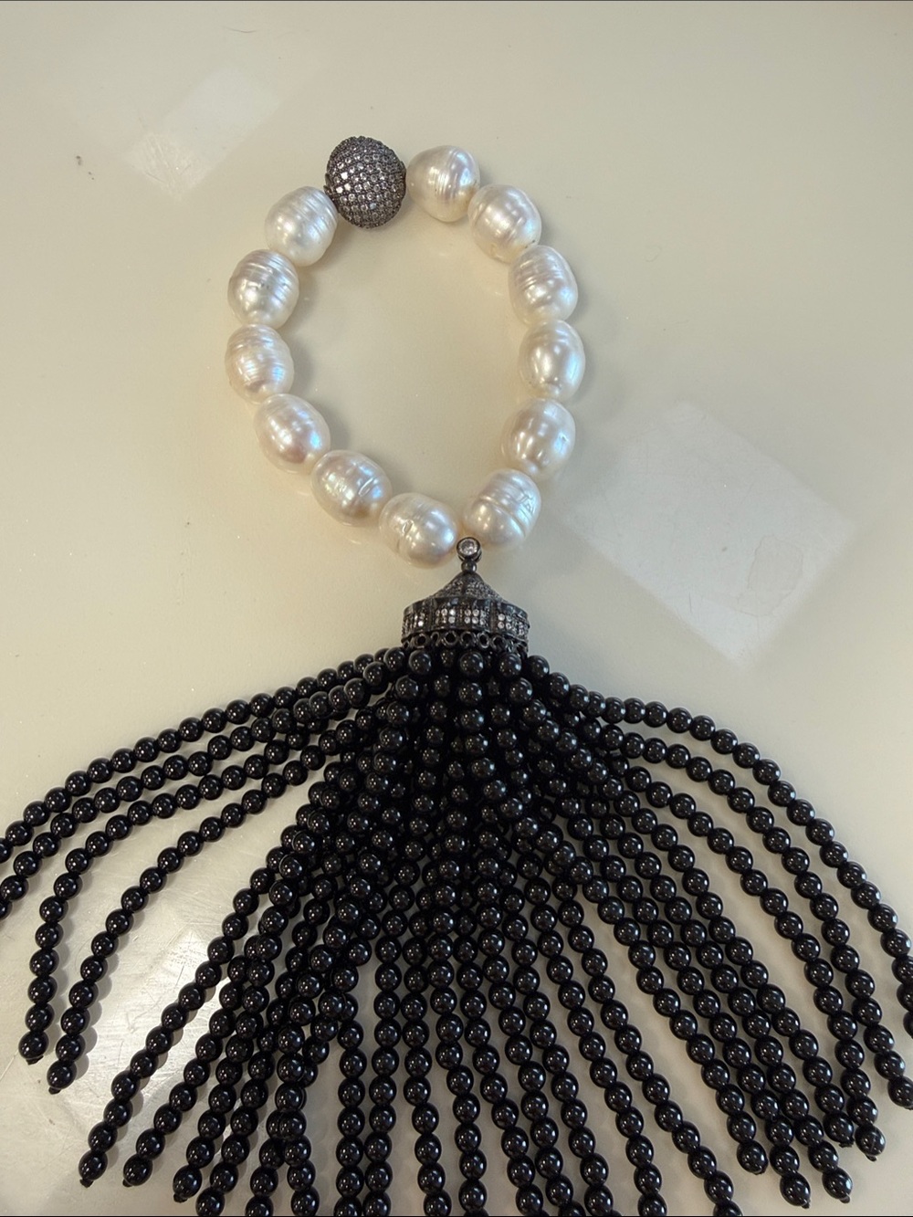 Pearl and Black Onyx Tassel Bracelet - White Pearl, Black Bead